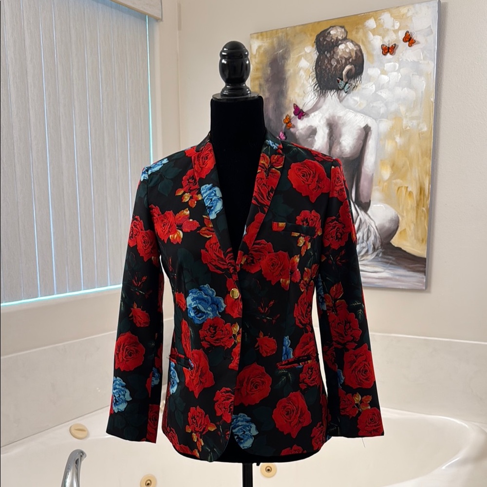 Floral Blazer with Red and Blue Roses